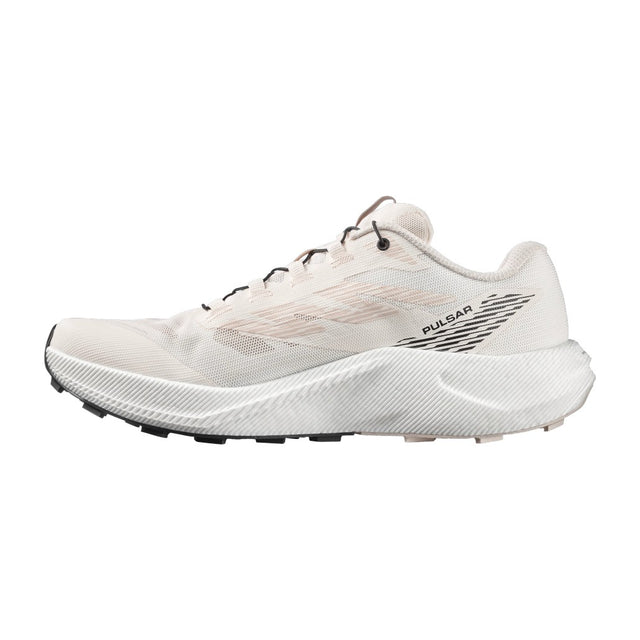 Inner side view of men's white/black Salomon Pulsar running shoe