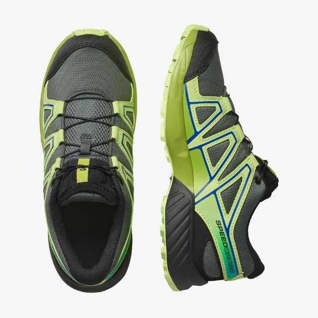 Top & side view of Salomon Speedcross Junior shoe in green/yellow