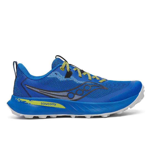Side view of men's Saucony peregrine 15 running shoe in skydiver/pickle colour