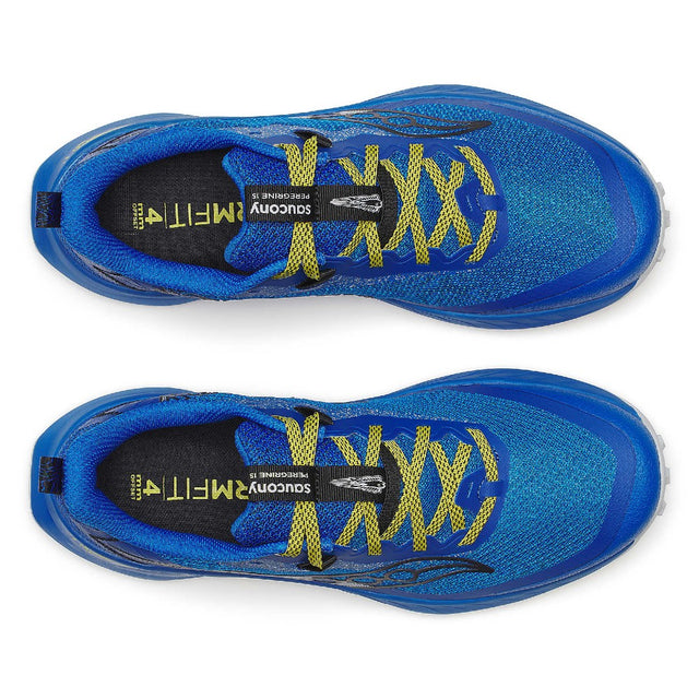 Top view of men's Saucony peregrine 15 running shoes in skydiver/pickle colour