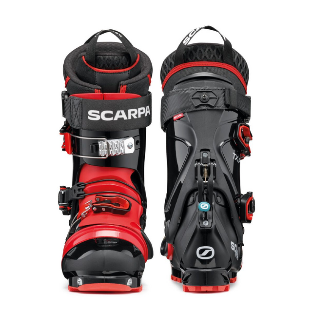 Front/back view of men's black/red Scarpa TX Pro telemark ski boots