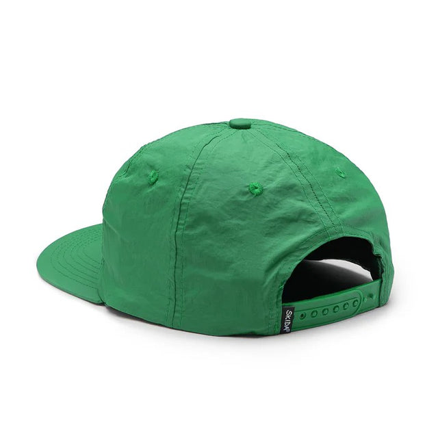 Back view of green skida nylon cap with strawberry patch