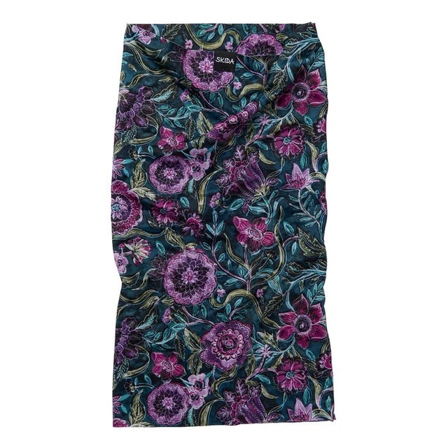 Skida snow tour neck gaiter in purple/green floral 'calamity jane' pattern