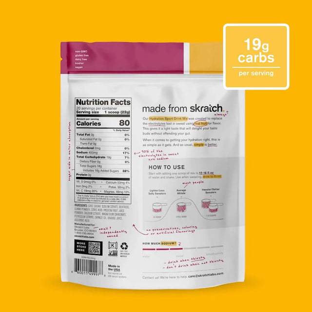Back of skratch labs hydration sport drink mix 440g bag, mixed fruit flavour