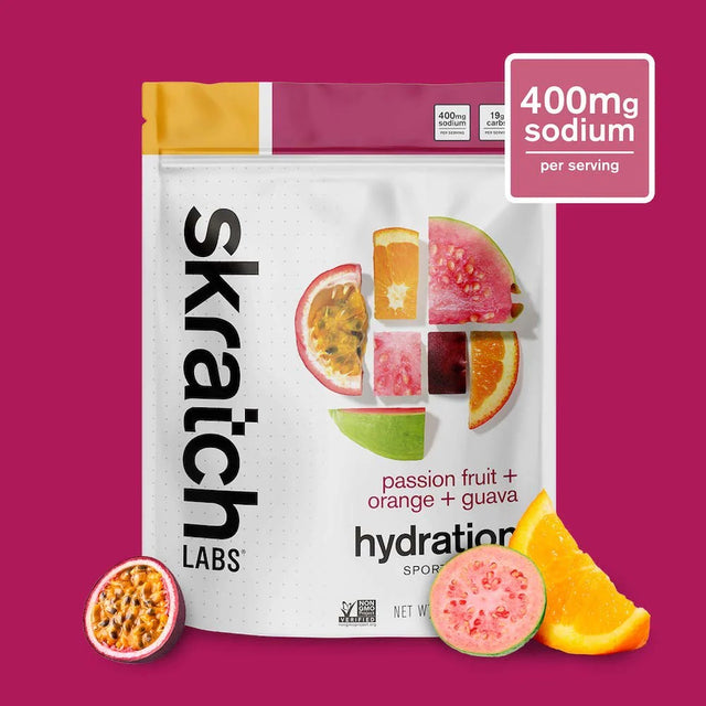 Front of skratch labs hydration sport drink mix 440g bag, mixed fruit flavour