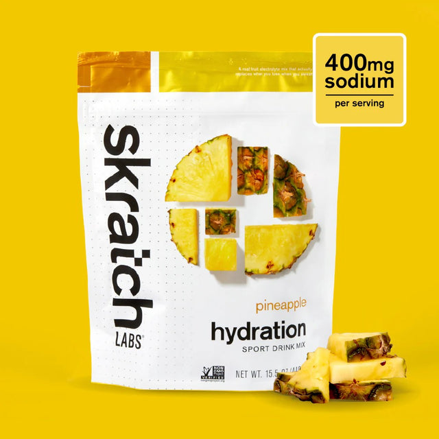 Front of skratch labs hydration sport drink mix 440g bag, pineapple flavour