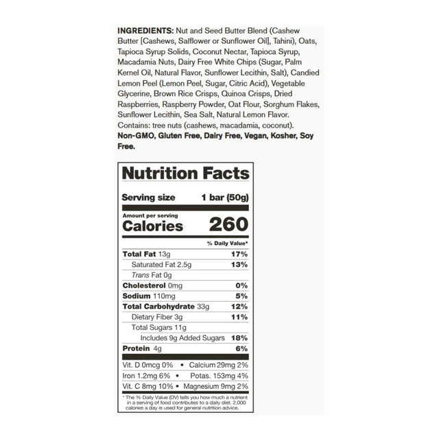 Nutrition facts for Skratch Labs raspberry lemon energy bar
