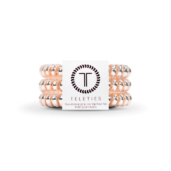 3-pack view of Teleties hair ties in millenial pink colour