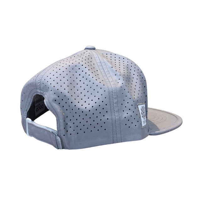 Back view of grey technical trucker hat with run/spry branding