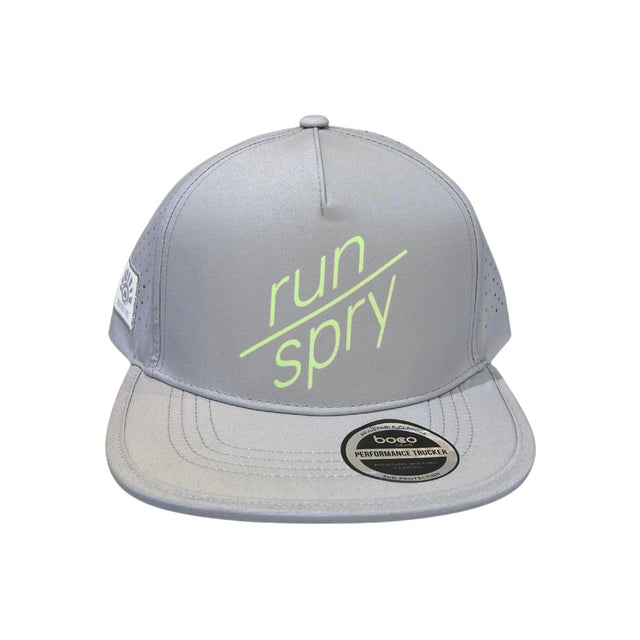 Front view of grey technical trucker hat with run/spry branding