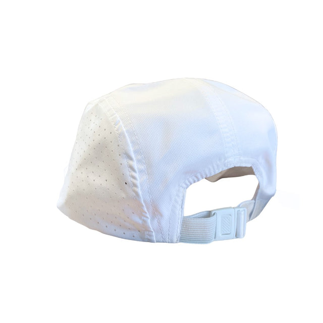 Back view of spry branded white running cap