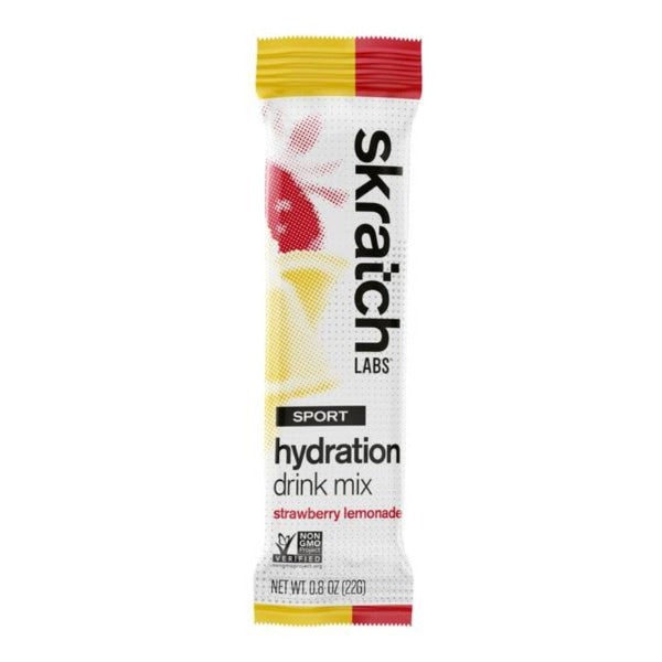 Single serving packet of strawberry lemonade skratch labs sport hydration drink mix