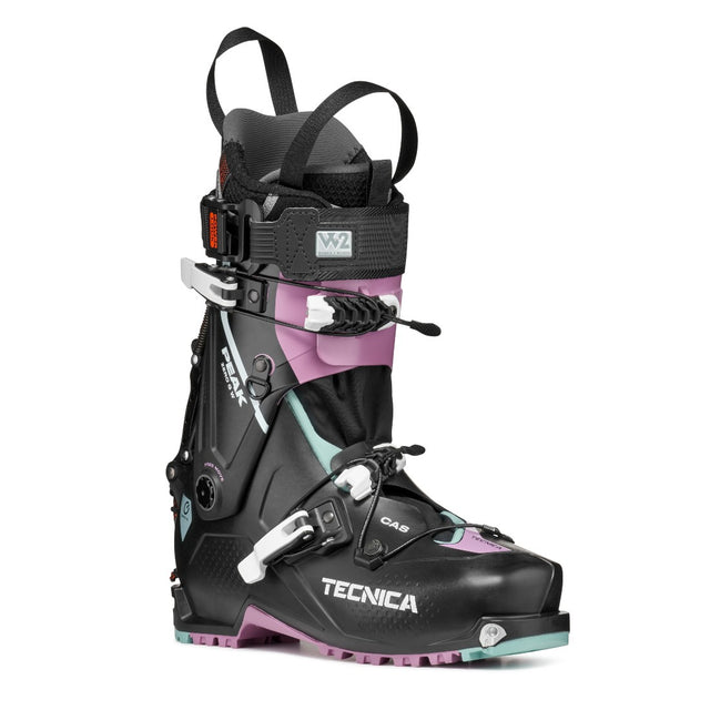 Front angled view of women's black/purple Tecnica Zero G Peak W backcountry ski boot