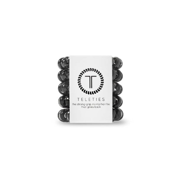 5-pack view of Teleties tiny hair ties in jet black colour