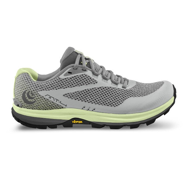 Side view of women's topo athletic mt-4 trail running shoe in heather/mint