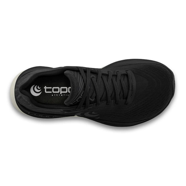 Top view of men's topo athletic ultrafly 5 running shoe in black/charcoal colour