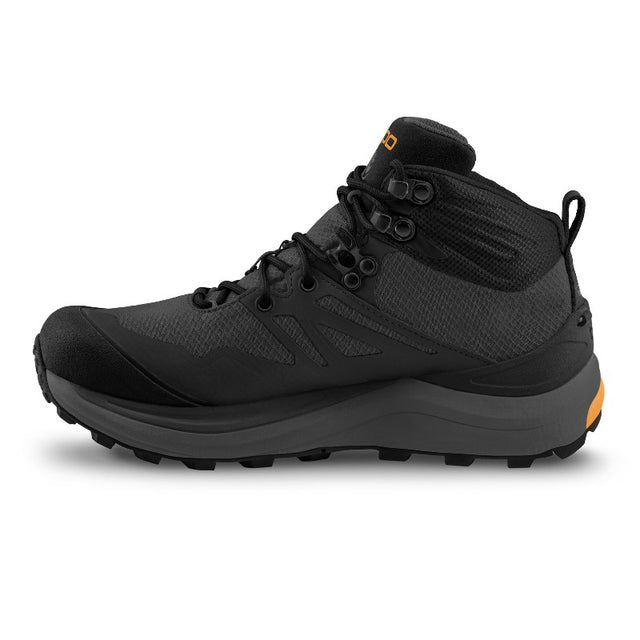 Inner side view of men's charcoal/orange topo athletic trailventure 2 waterproof hiking boot