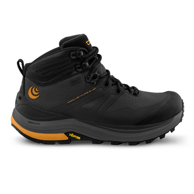 Side view of men's charcoal/orange topo athletic trailventure 2 waterproof hiking boot