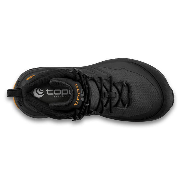 Top view of men's charcoal/orange topo athletic trailventure 2 waterproof hiking boot