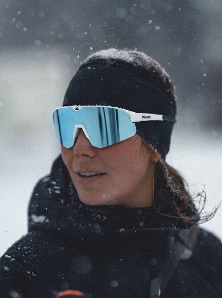 Skiier wearing tripoint 005 Lake Victoria sport peformance sunglasses