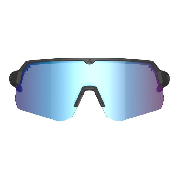 Front view of tripoint 001 Treriksroset sunglasses, black frame and blue lens