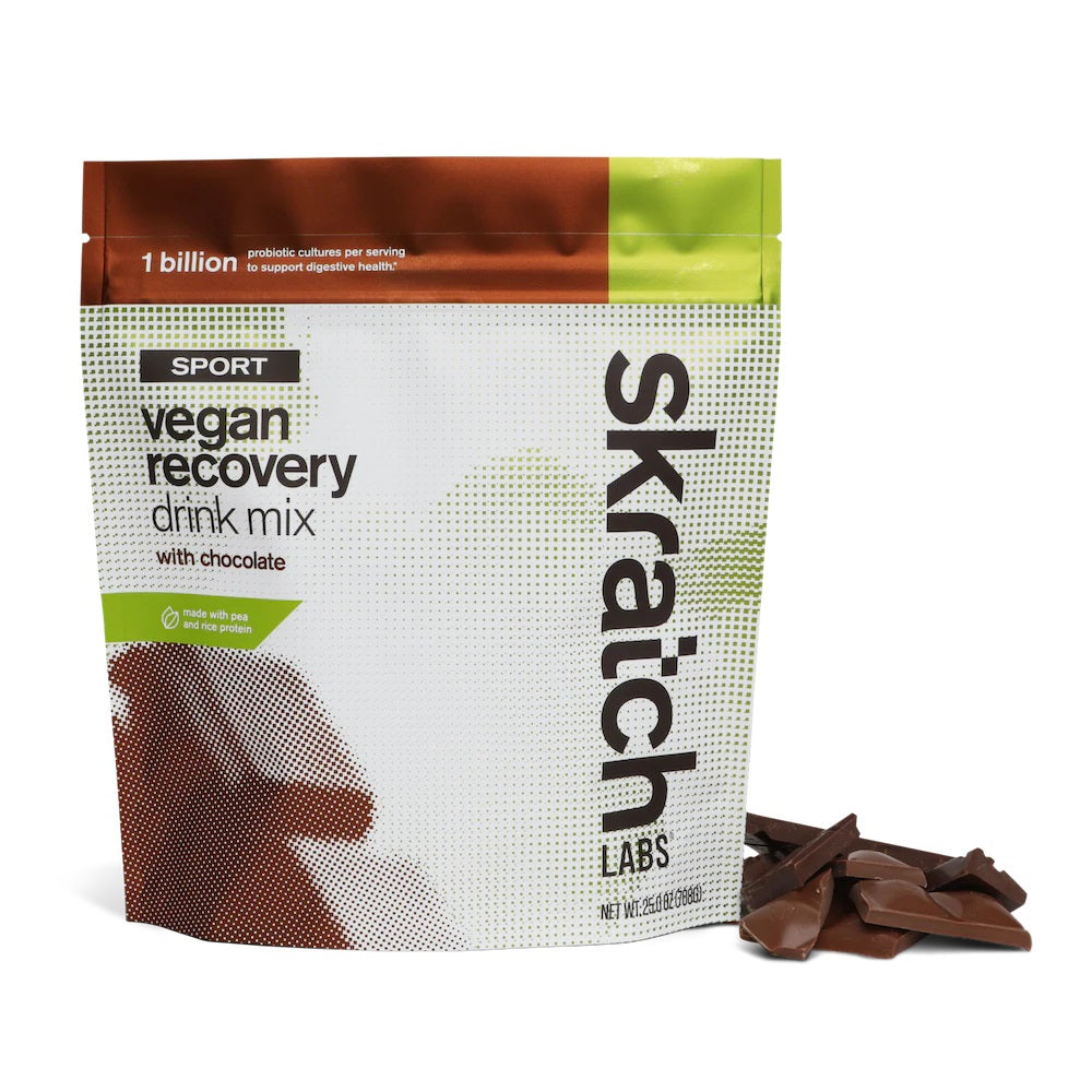 Package of chocolate skratch labs vegan recovery drink mix