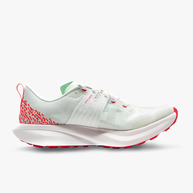Inner side view of white/orange VJ Shoes FZN Tempo running shoe