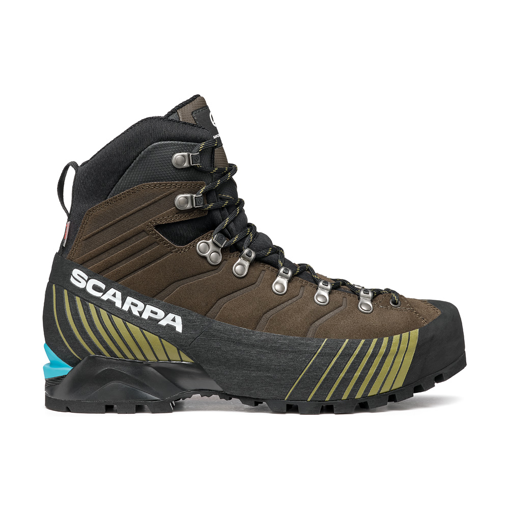 Side view of men's scarpa ribelle hd mountaineering boot in cocoa/moss colour