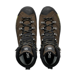 Top view of men's scarpa ribelle hd mountaineering boots in cocoa/moss colour