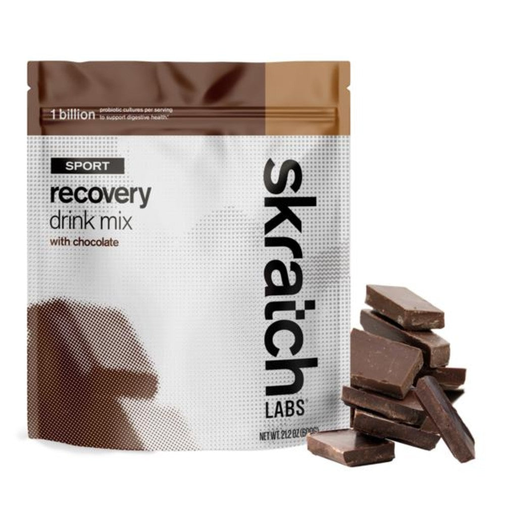 Resealable bag of chocolate skratch labs sport recovery drink mix