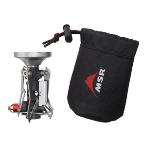 Packed view of MSR PocketRocket deluxe backpacking stove with carry bag