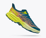 Side view of men's hoka speedgoat 5 trail running shoe in blue coral/evening primrose