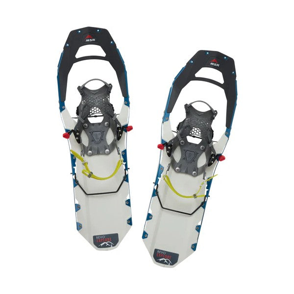 Top view of a pair of blue/white MSR Revo Explore women's snowshoes
