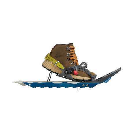 Side view of a pair of blue/white MSR Revo Explore women's snowshoes