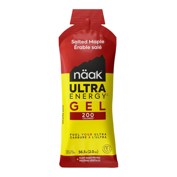 Front view of Salted Maple flavour naak Ultra Energy Gel packet