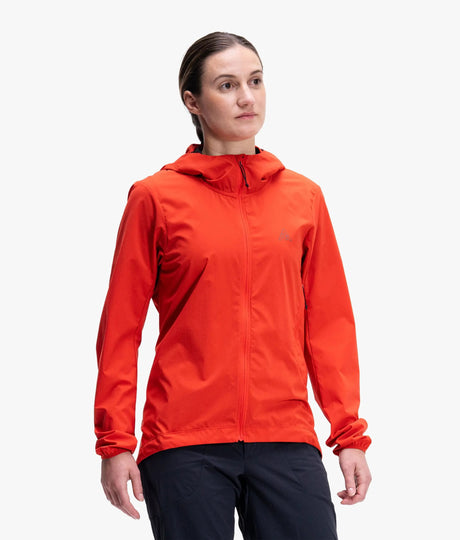 Front on-model view of women's orange 7mesh Northwoods jacket 