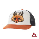 Front view of Ambler Faces Kid's trucker hat with fox animal art on the front panel