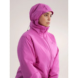 Arc'teryx Women's Atom hoody jacket hood detail in Alpenglow colour