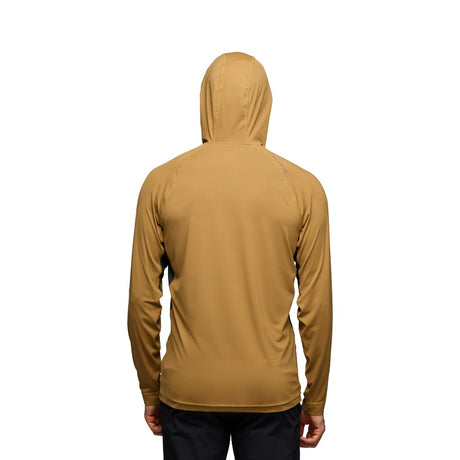 Back on-model view of men's Black Diamond Alpenglow Pro Hoody in Flax colour