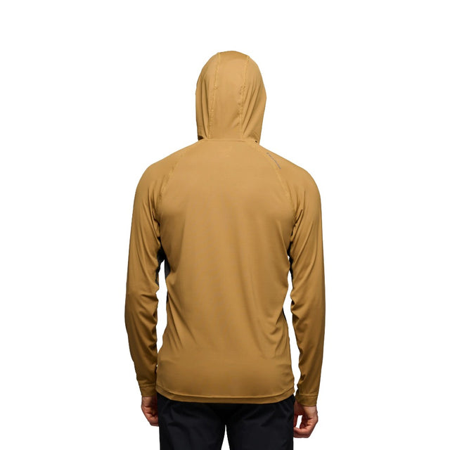 Back on-model view of men's Black Diamond Alpenglow Pro Hoody in Flax colour