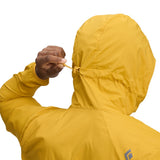Hood detail on-model view of Black Diamond Alpine Start Hoody men's in amber colour