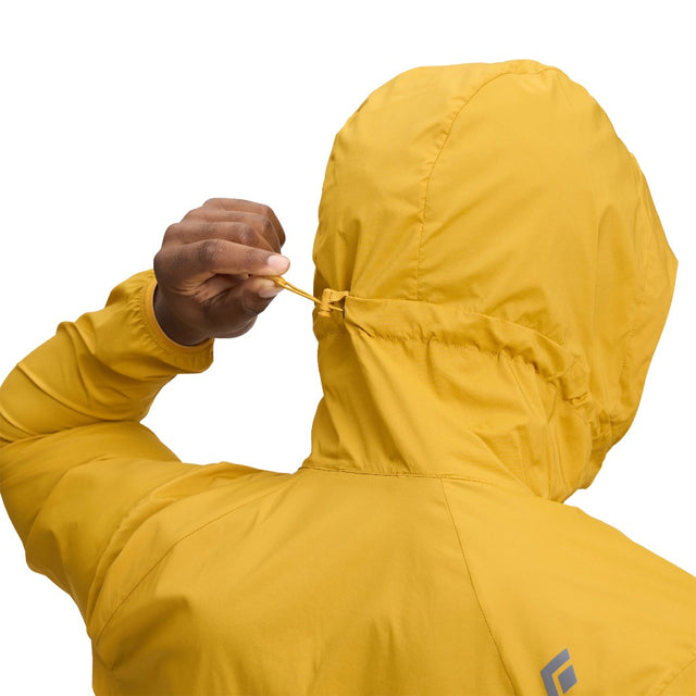 Hood detail on-model view of Black Diamond Alpine Start Hoody men's in amber colour
