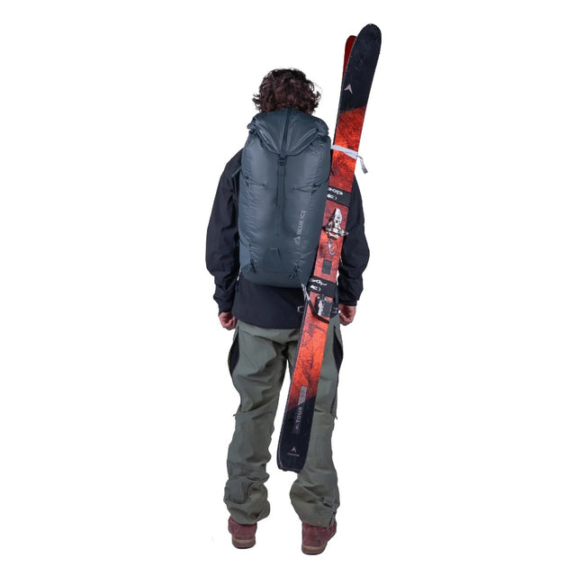 Front on-model view of Blue Ice Firecrest 38 skiing and hiking back pack in Dark Slate colour