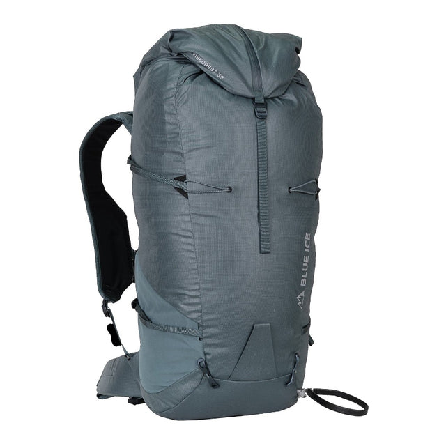Front view of Blue Ice Firecrest 38 skiing and hiking back pack in Dark Slate colour