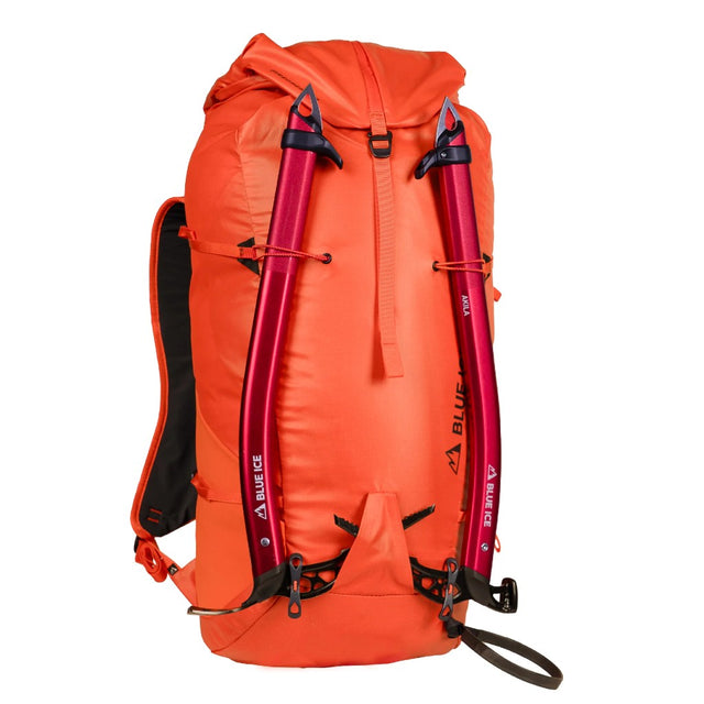 Front view of Blue Ice Firecrest 38 skiing and hiking back pack in Red Clay colour