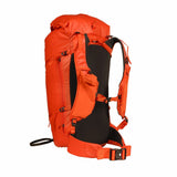 Back view of Blue Ice Firecrest 38 skiing and hiking back pack in Red Clay colour