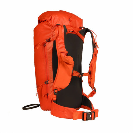 Back view of Blue Ice Firecrest 38 skiing and hiking back pack in Red Clay colour
