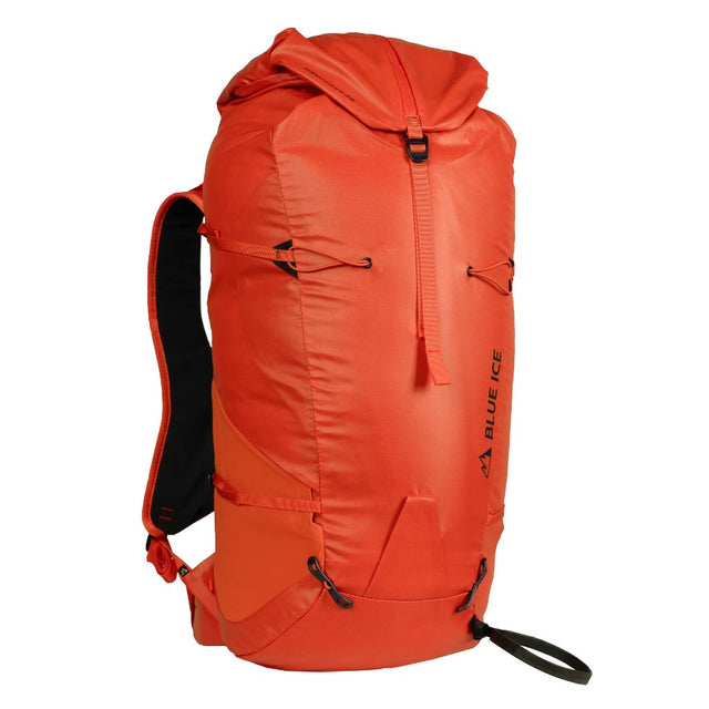 Front view of Blue Ice Firecrest 38 skiing and hiking back pack in Red Clay colour