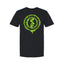 Black t-shirt with a green graphic design on a white background