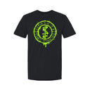Black t-shirt with a green graphic design on a white background